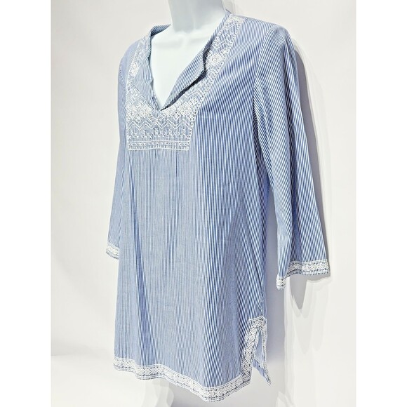 J. McLaughlin Blue Striped Lace Trim Blouse Tunic 3/4 Sleeve Women's Size S (A1) - Picture 4 of 16